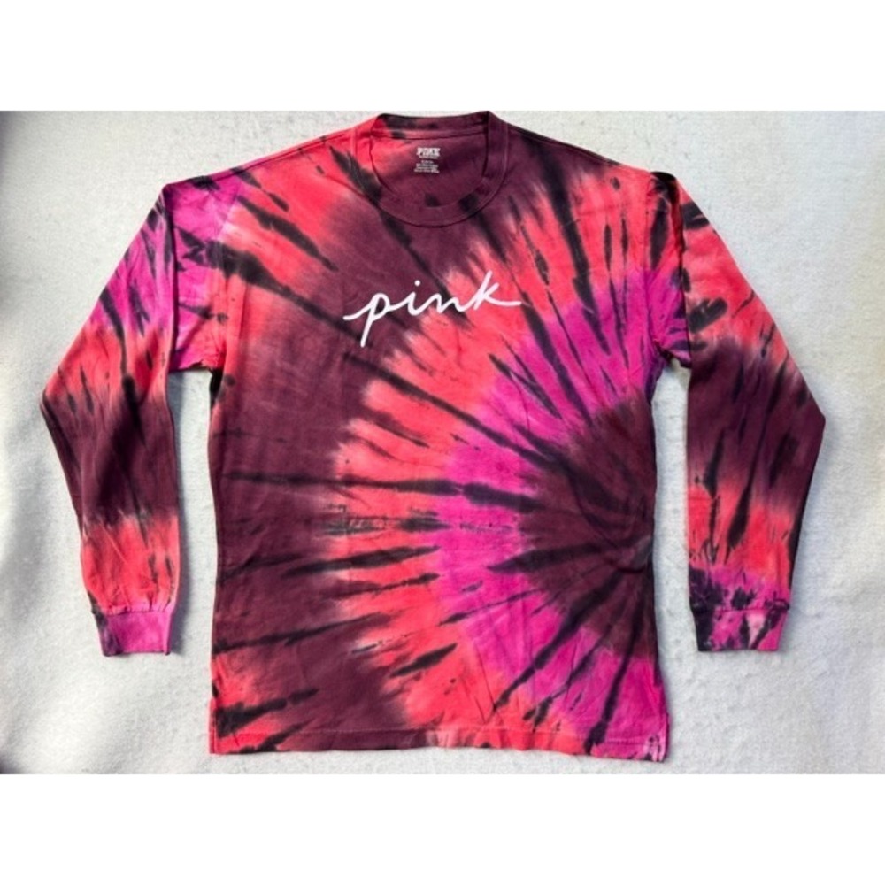 Victorias Secret PINK Campus Long Sleeve Tee Top Supernova Tie Dye Script MED